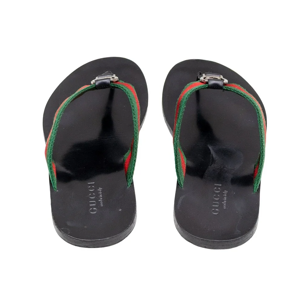 Gucci Web Stripe Interlocking G Logo Thong Sandals Black Leather Green Red 8.5